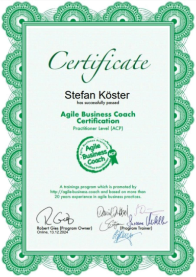 Zertifikat für Stefan Köster als Agile Business Coach mit Unterschriften.