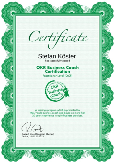 Zertifikat für Stefan Köster als OLB Business Coach, mit grüner Umrandung.